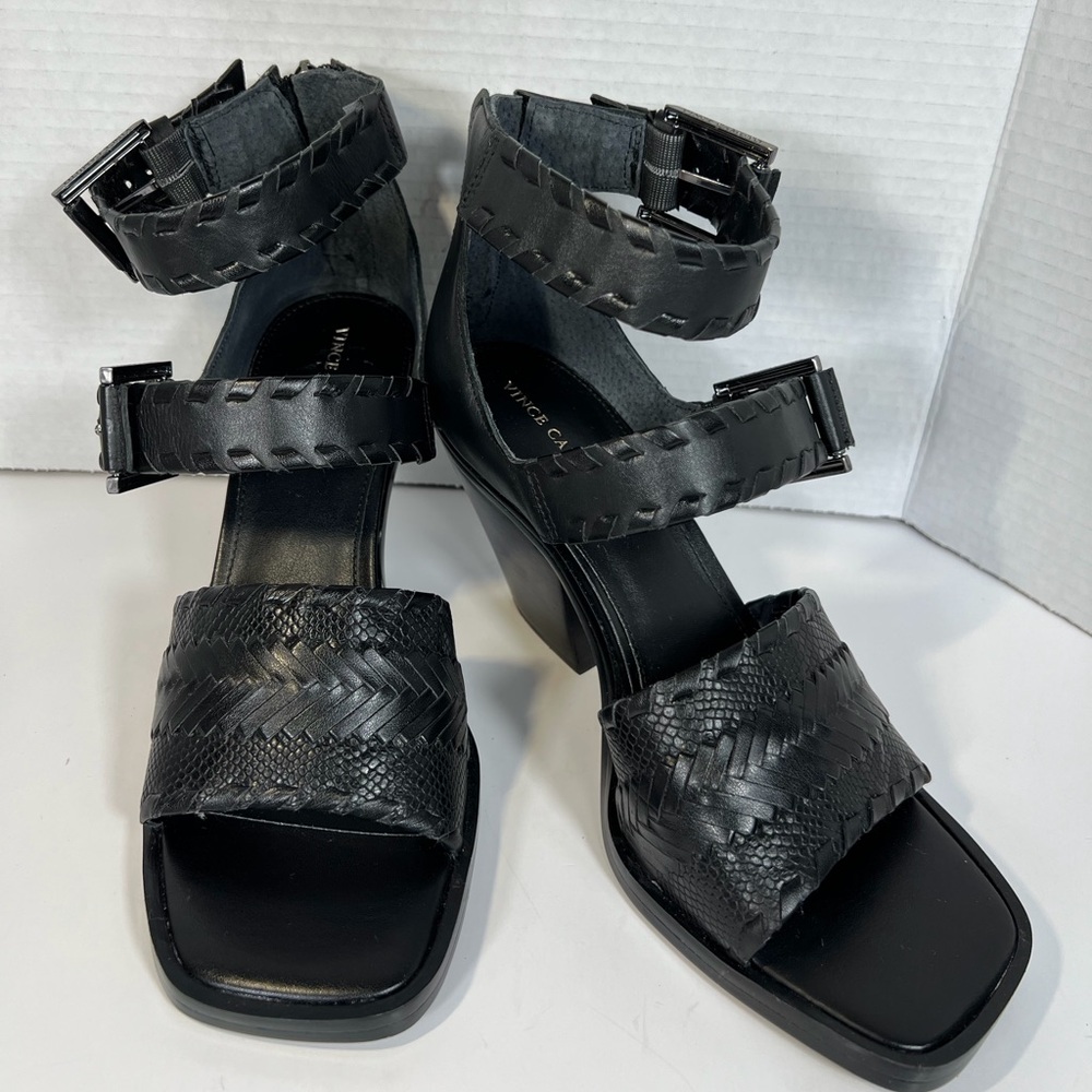 Vince Camuto Suraylin Black Leather Buckle Block Heel Sandals 8.5 Gladiator
